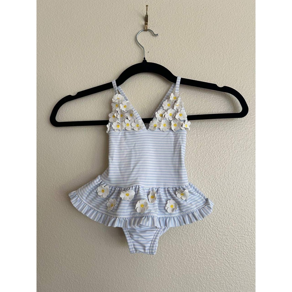 Little Me Baby Girl Swimsuit 18M Blue Stripe Daisy 3D Flower One Piece Ruffle